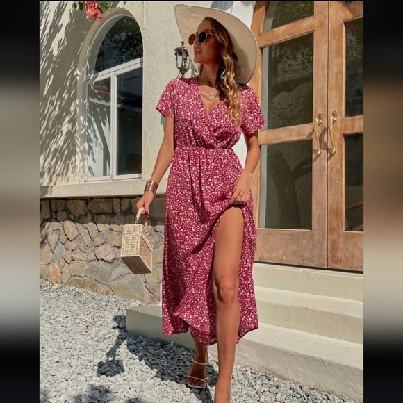 Ditsy Floral Print Surplice Neck Split Thigh Dress Size L - Picture 2 of 6